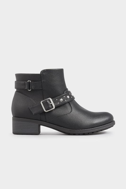 Black Studded Buckle Ankle Boots In Extra Wide Fit | Yours Clothing