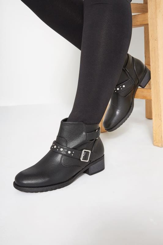 Black Studded Buckle Ankle Boots In 