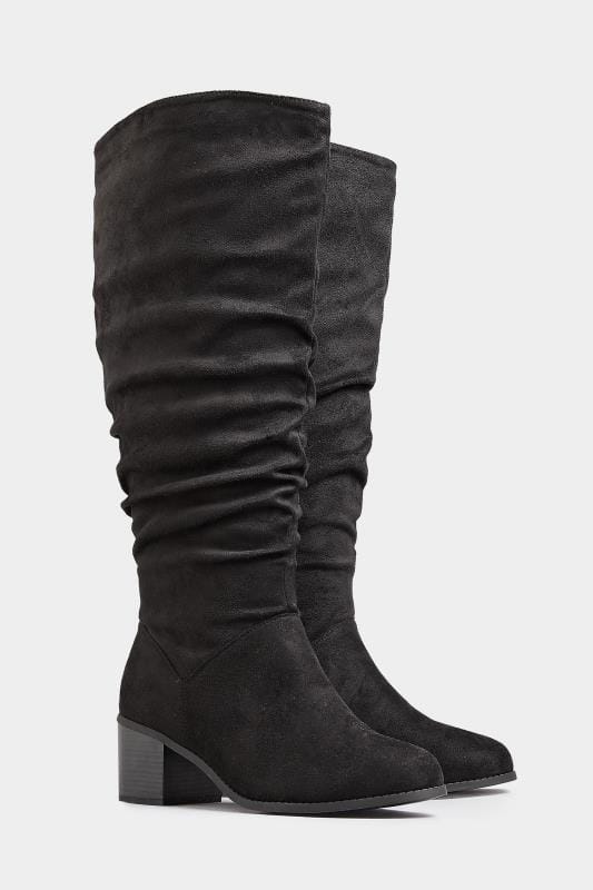 Black Knee High Ruched Heeled Boots In Extra Wide EEE Fit 1