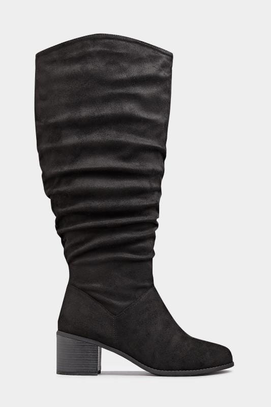 Black Knee High Ruched Heeled Boots In Extra Wide EEE Fit 3
