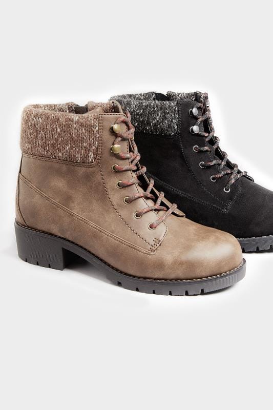 Black Hiker Lace Up Ankle Boots In Extra Wide Fit | Yours Clothing