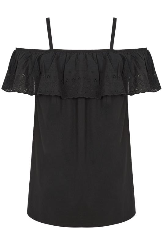 Black Frill Broderie Anglaise Cold Shoulder Top | Sizes 16 to 36 ...