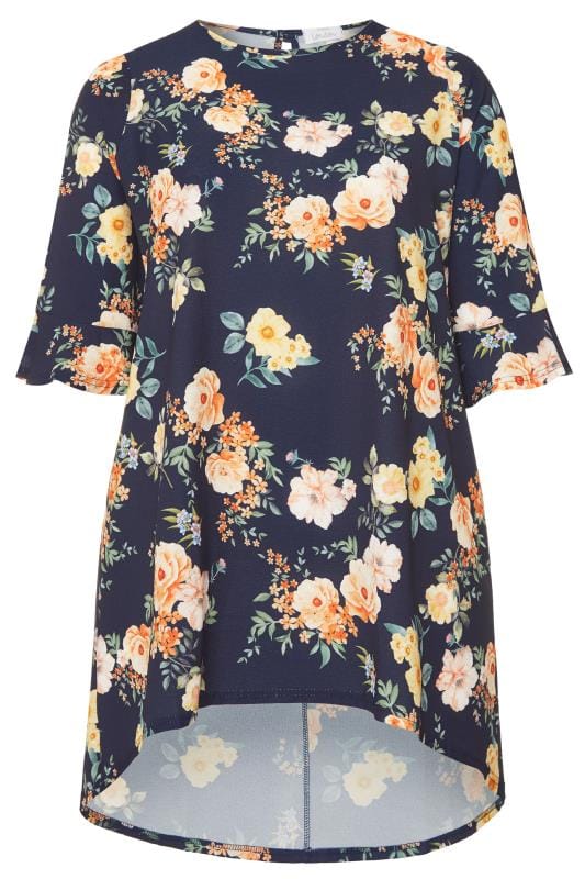 YOURS LONDON Navy Floral Flute Sleeve Tunic | Yours Clothing