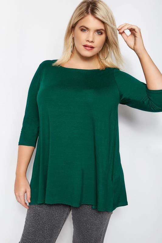 Green Longline Top With Envelope Neckline, Plus size 16 to 40