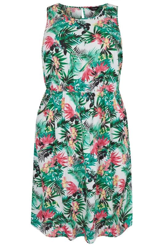 Green & Multi Tropical Floral Print Pocket Dress With Elasticated Waist ...