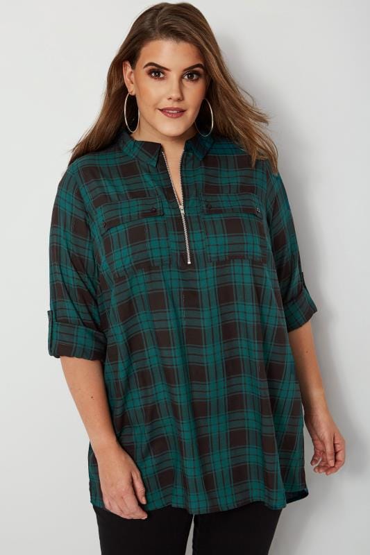 Green Zip Through Checked Shirt, Plus size 16 to 36 | Yours Clothing