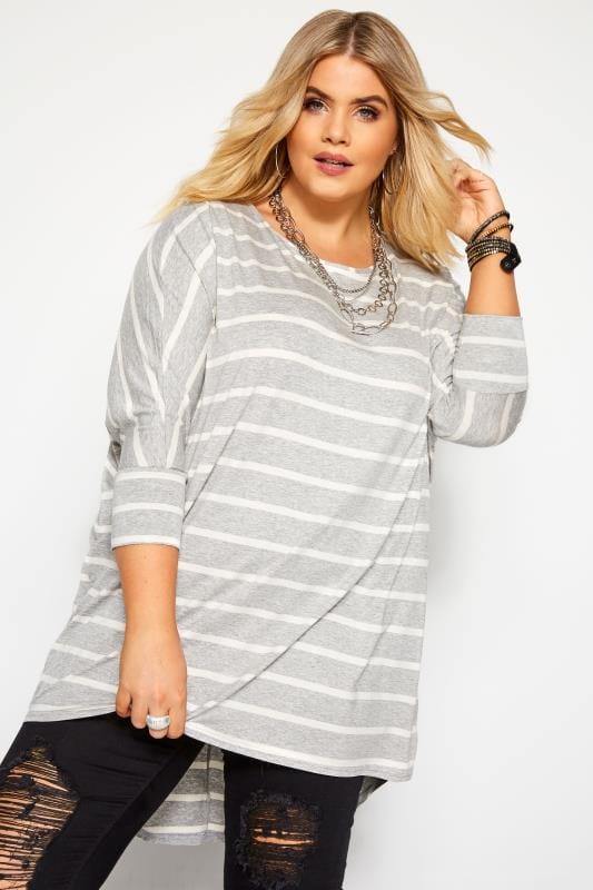 Grey & Cream Stripe Extreme Dipped Hem Top | Yours Clothing