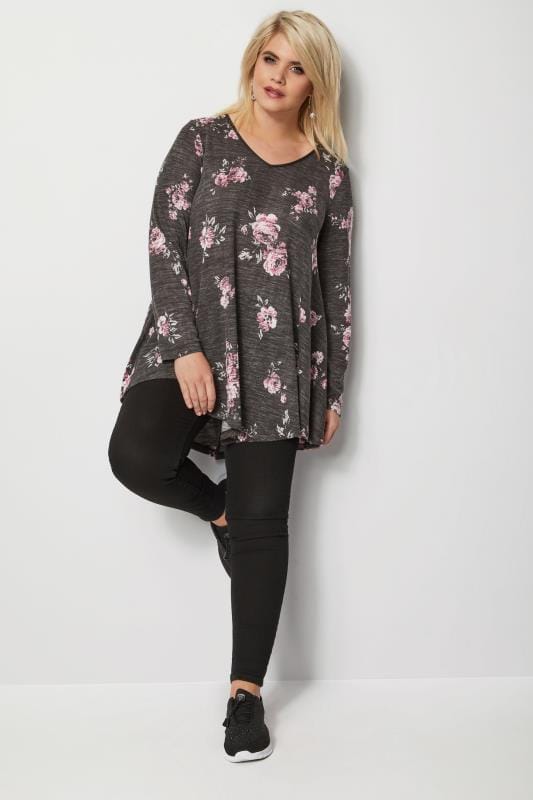 Grey Floral Swing Top, Plus size 16 to 36 | Yours Clothing