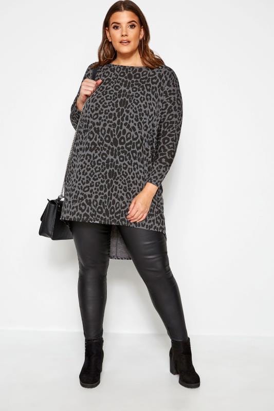 Grey Leopard Print Extreme Dipped Hem Top | Yours Clothing