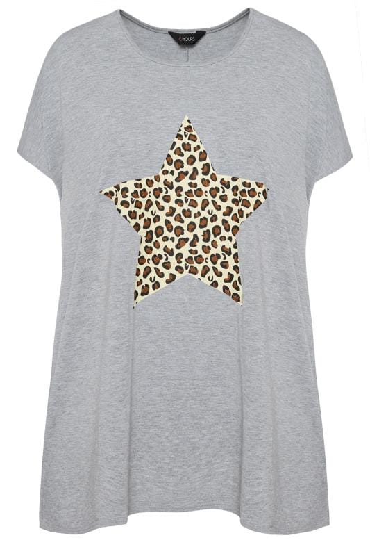 Grey Leopard Star Print T-Shirt | Sizes 16-40 | Yours Clothing