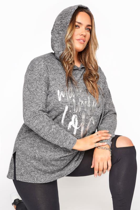 Plus Size  Grey Soft Touch Foil 'Made With Love' Slogan Hoodie