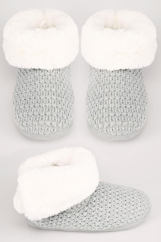 Grey Knitted Slipper Boot With Faux Fur 