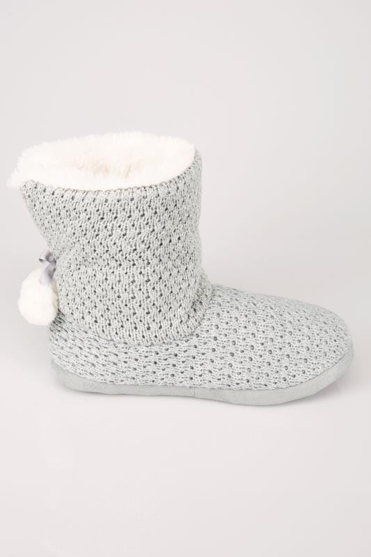 Grey Knitted Slipper Boot With Faux Fur Lining, Wide Fit | Yours Clothing