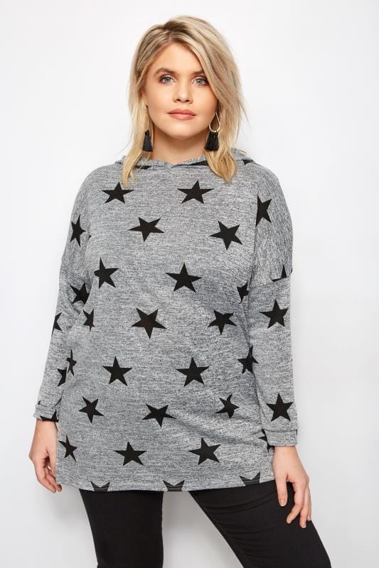 Grey Star Print Hoodie, Plus size 16 to 36 | Yours Clothing