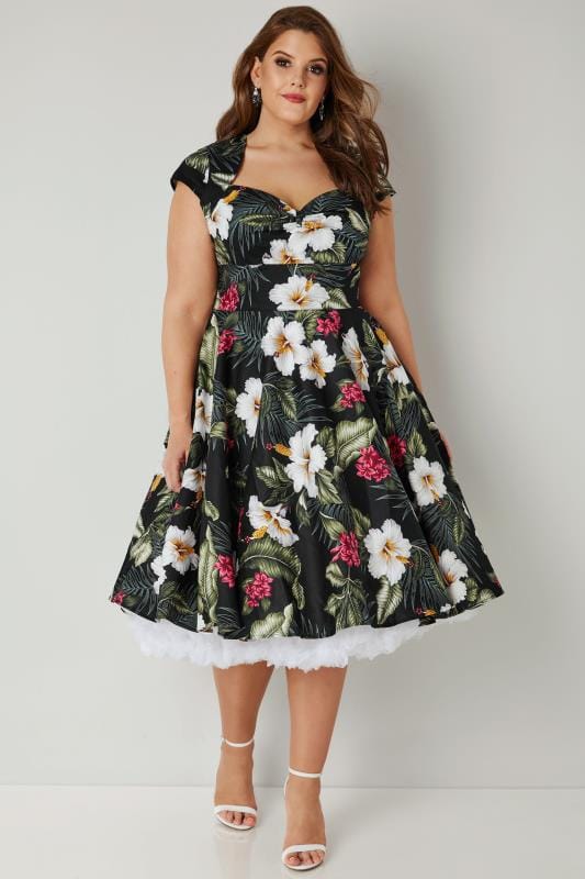 HELL BUNNY Black & Multi Floral Kalei Dress, plus size 16 to 32