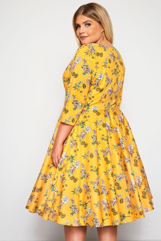 HELL BUNNY Yellow Floral Muriel Dress | Sizes 16-36 | Yours Clothing