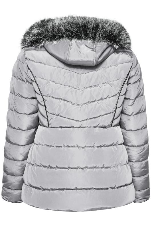 grey puffer jacket fur hood