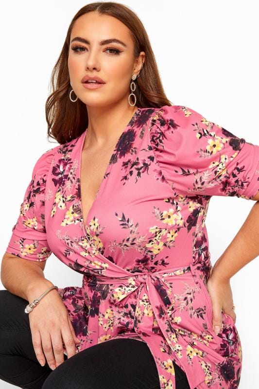 YOURS LONDON Pink Floral High Low Wrap Top | Yours Clothing
