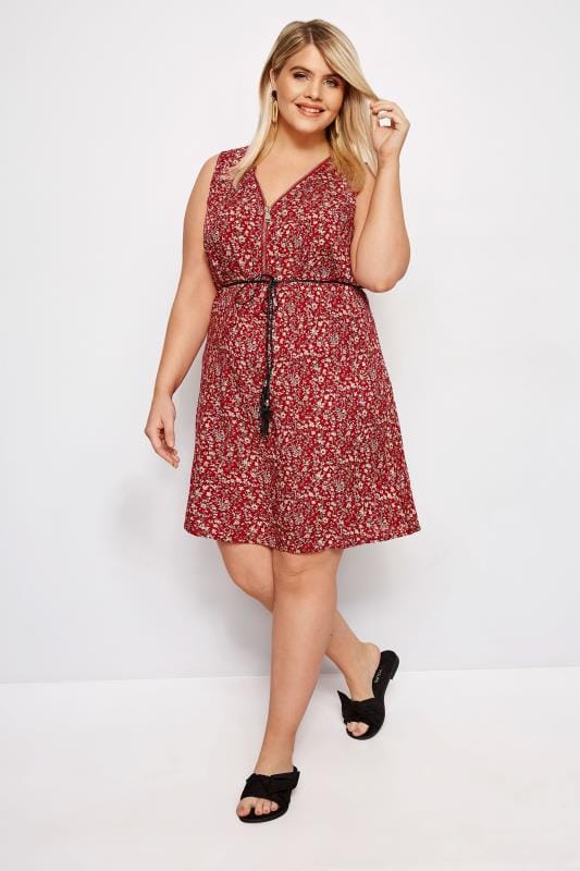 IZABEL CURVE Red Floral Zip Front Dress | Sizes 16 to 26 | Yours Clothing