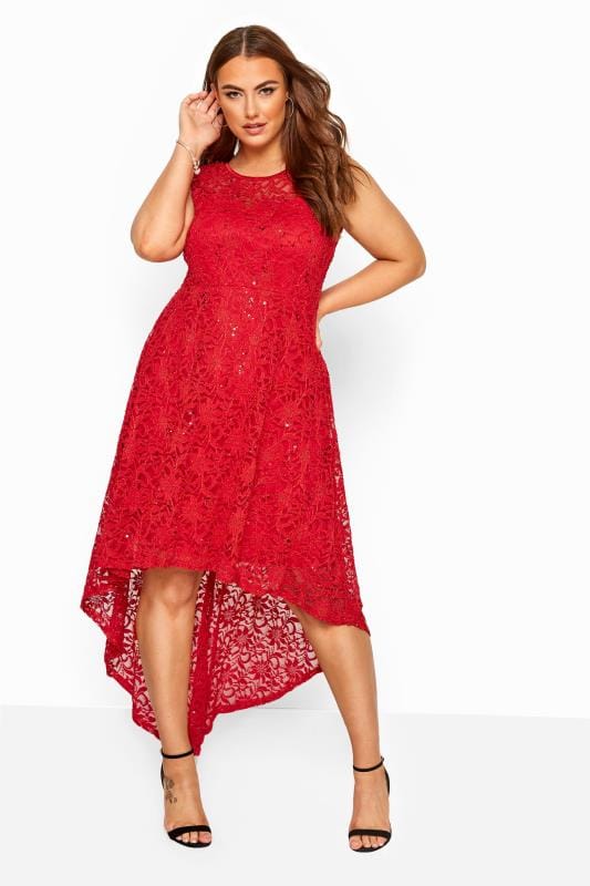 Plus Size Lace Dresses IZABEL CURVE Red Lace Sequin High Low Dress