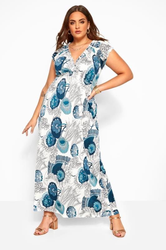 IZABEL CURVE White & Blue Floral Print Shirred Maxi Dress | Yours Clothing