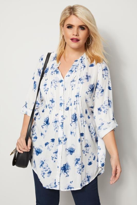 Ivory & Blue Floral Pintuck Longline Blouse With Sequin Detail, plus ...