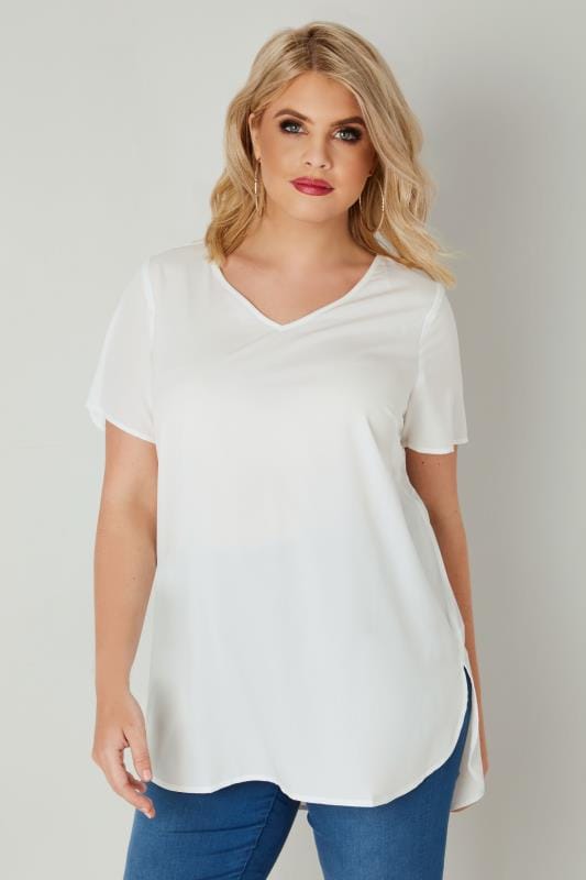 Ivory Woven Top With V-Neck & Curved Hem, Plus size 16 to 36