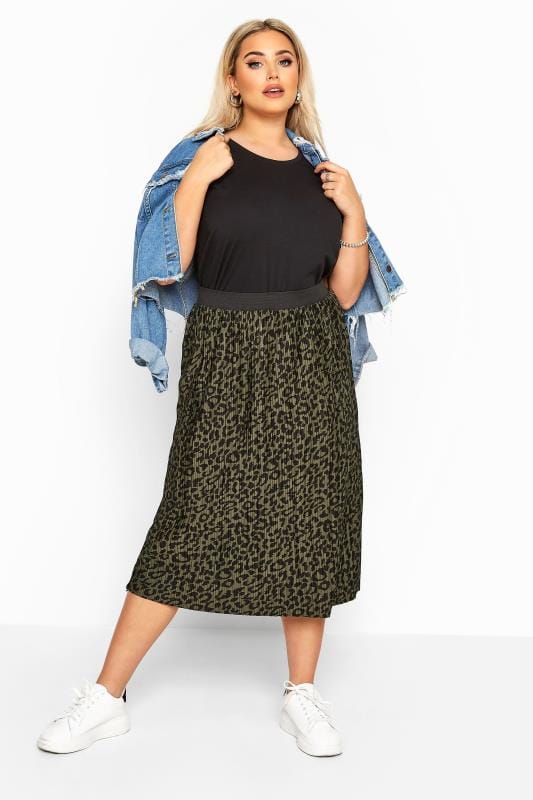 Khaki Leopard Print Plisse Midi Skirt 