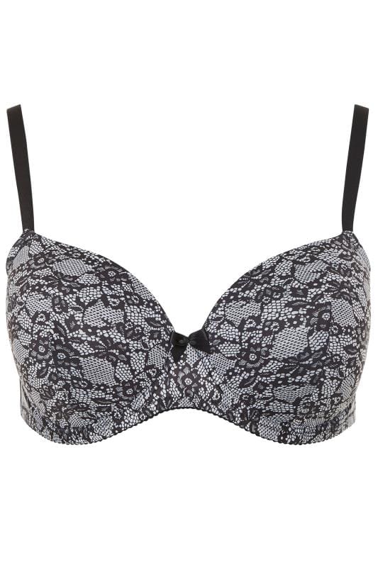 Black Floral Lace Effect T-Shirt Bra - Available In Sizes 38DD - 48G 3