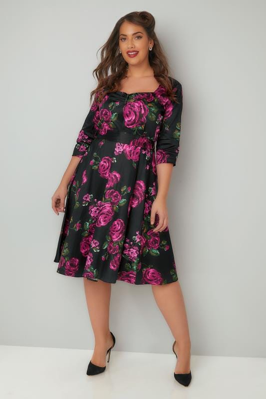 LADY VOLUPTUOUS Black & Pink Floral Print Dress With Belted Waist, Plus ...
