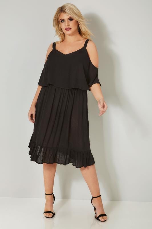 LIMITED COLLECTION Black Double Layered Cold Shoulder Dress, plus size ...