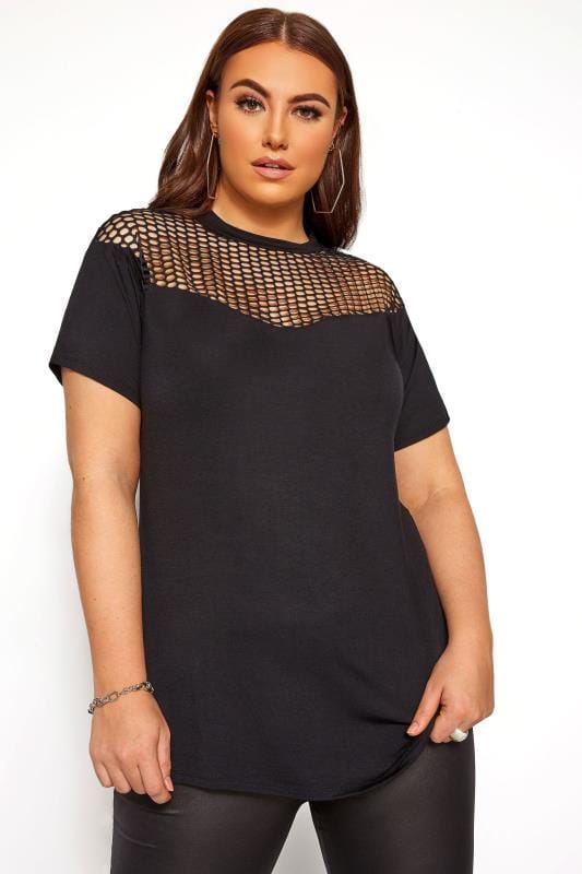 Plus Size LIMITED COLLECTION Black Fishnet Insert T-Shirt | Yours Clothing 1