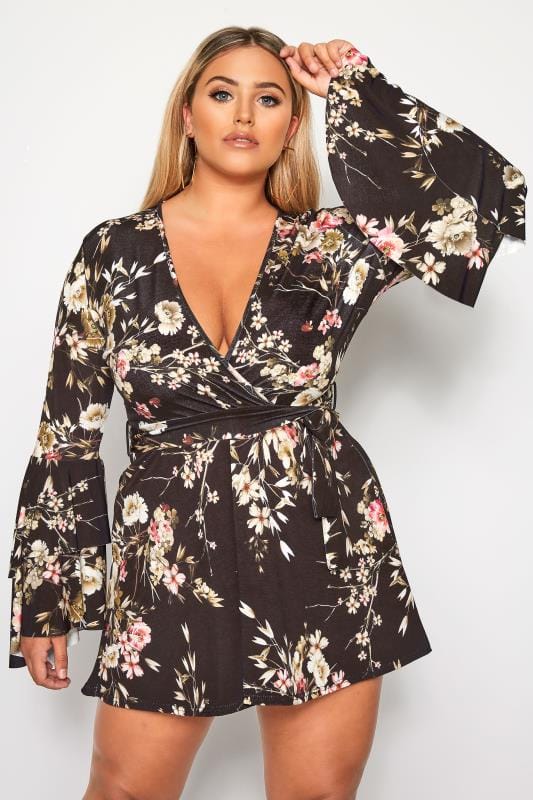 LIMITED COLLECTION Black Floral Wrap Frill Sleeve Dress | Sizes 16-28 ...
