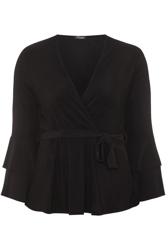 Limited Collection Black Frill Sleeve Wrap Top Yours Clothing