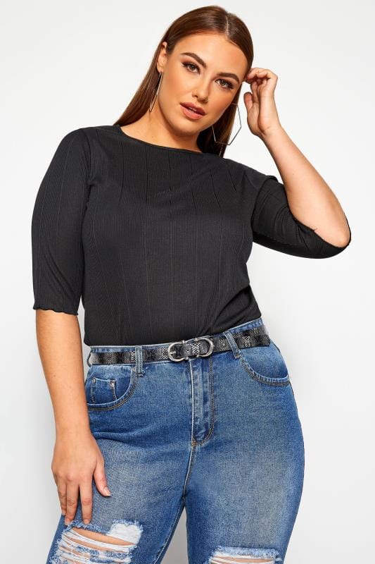 Plus Size Jersey Tops LIMITED COLLECTION Black Ribbed Lettuce Hem Top