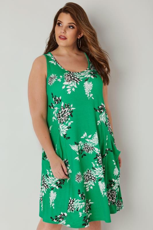 Green Floral Drape Pocket Dress, plus size 16 to 36 | Yours Clothing
