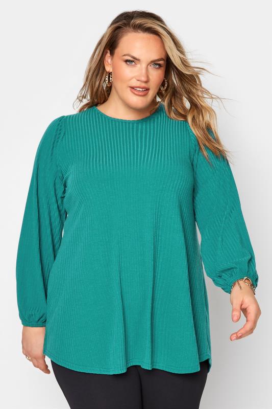 Plus Size  LIMITED COLLECTION Teal Balloon Sleeve Ribbed Top