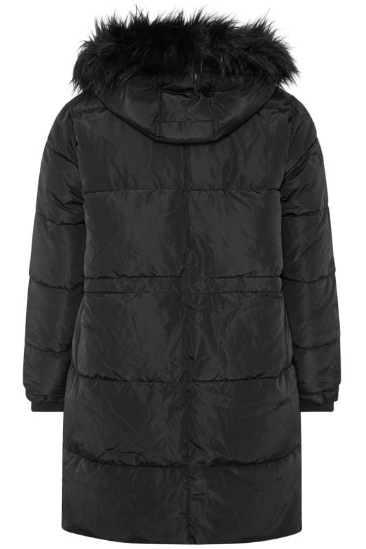 Black Long Faux Fur Trim Puffer Coat | Yours Clothing