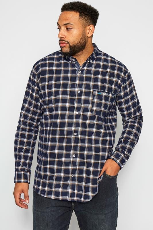 BadRhino Navy Brushed Herringbone Flannel Checked Shirt | BadRhino