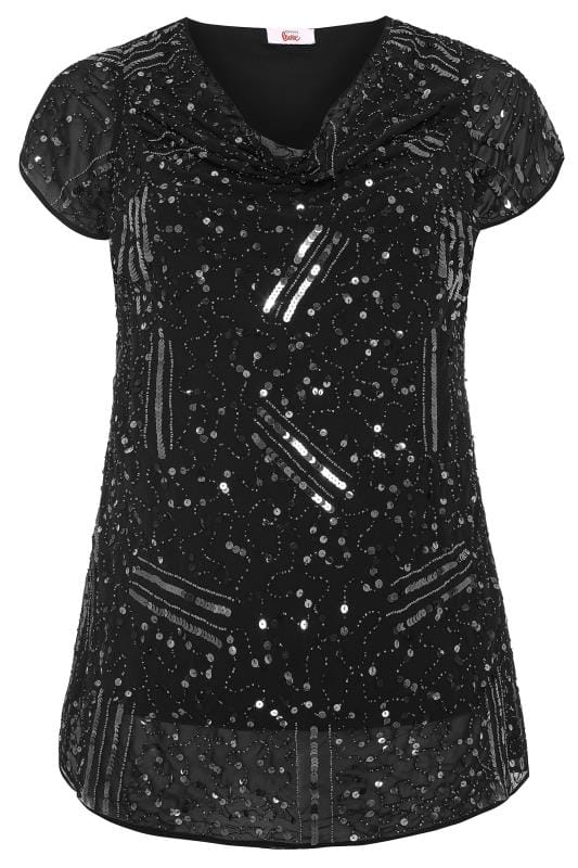 LUXE Black Sequin Embellished Cowl Neck Top | Yours Clothing