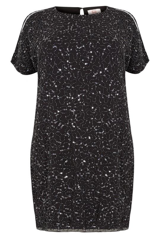 Plus Size LUXE Curve Black Sequin Hand Embellished Cold Shoulder Cape Dress | Yours Clothing 6