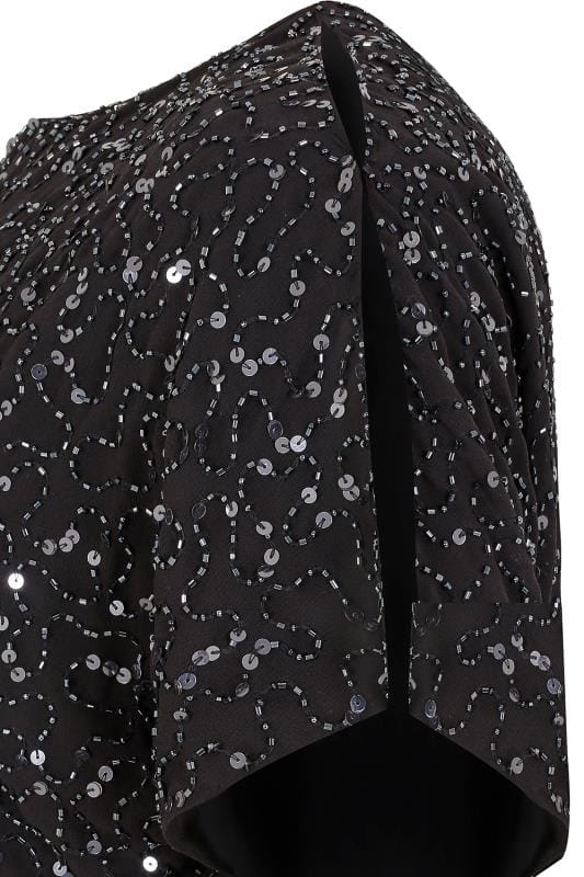 LUXE Curve Black Sequin Hand Embellished Cold Shoulder Cape Dress 5