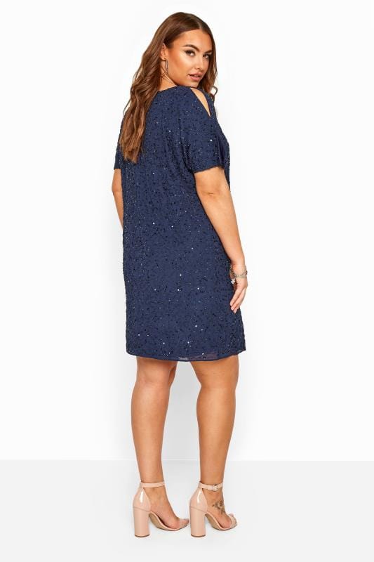 LUXE Curve Navy Sequin Hand Embellished Cape Dress 3