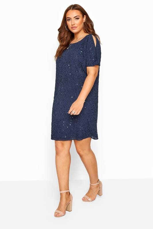 LUXE Curve Navy Sequin Hand Embellished Cape Dress 2