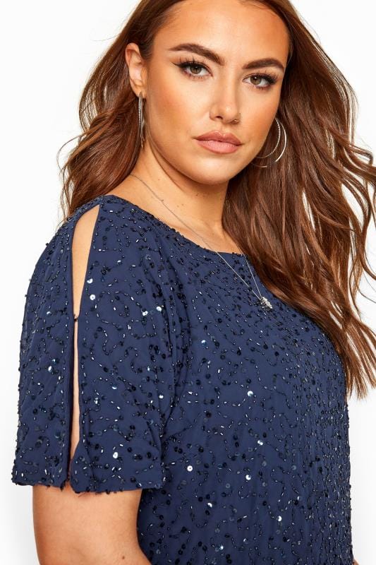 LUXE Curve Navy Sequin Hand Embellished Cape Dress 4