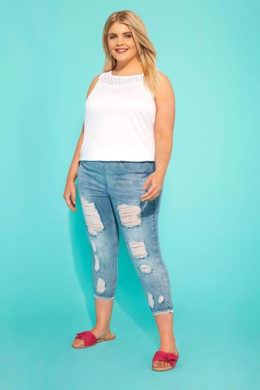 Plus Size YOURS FOR GOOD Light Blue Extreme Distressed Cropped JENNY Jeggings | Yours Clothing 4