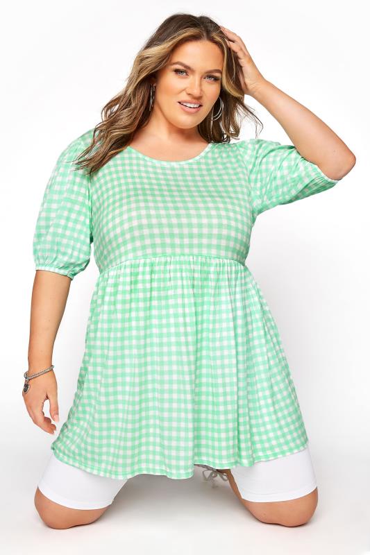 Mint Green Gingham Peplum Top | Yours Clothing
