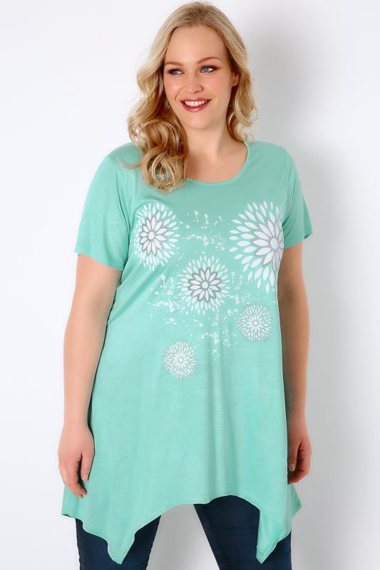Mint Green & White Floral Print Jersey Top With Glitter Detail & Hanky Hem, Plus size 16 to 36 1