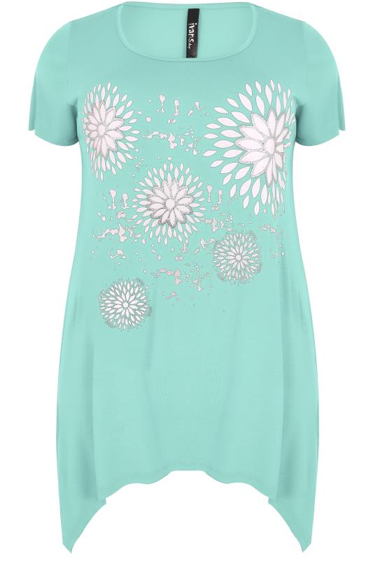Mint Green & White Floral Print Jersey Top With Glitter Detail & Hanky Hem, Plus size 16 to 36 2