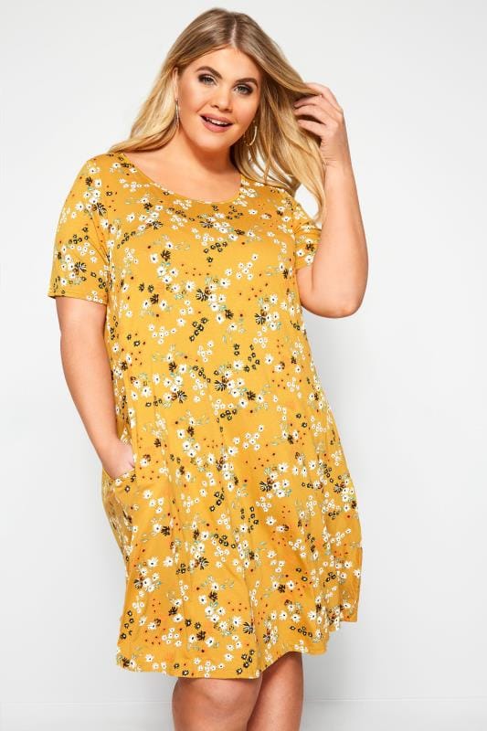 Mustard Floral Pocket Swing Dress | Yours Clothing